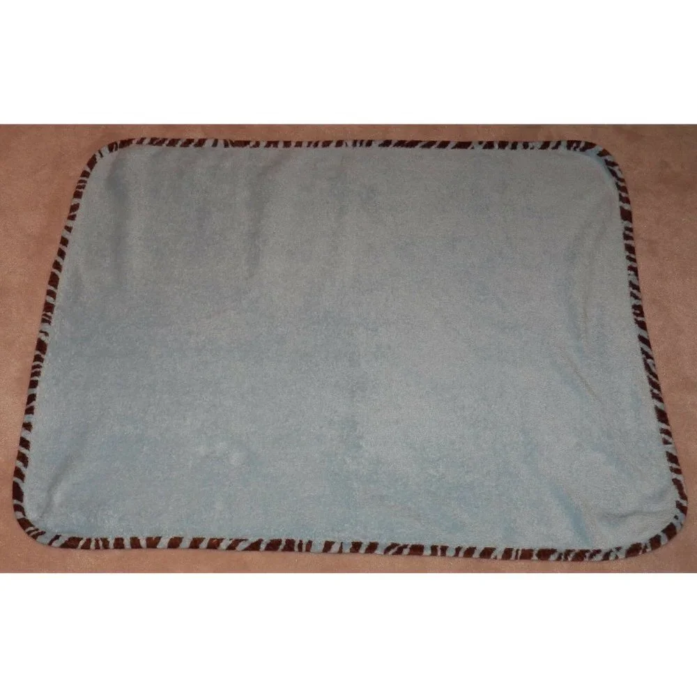Blue Fleece Baby Blanket Brown Striped Trim Lovey